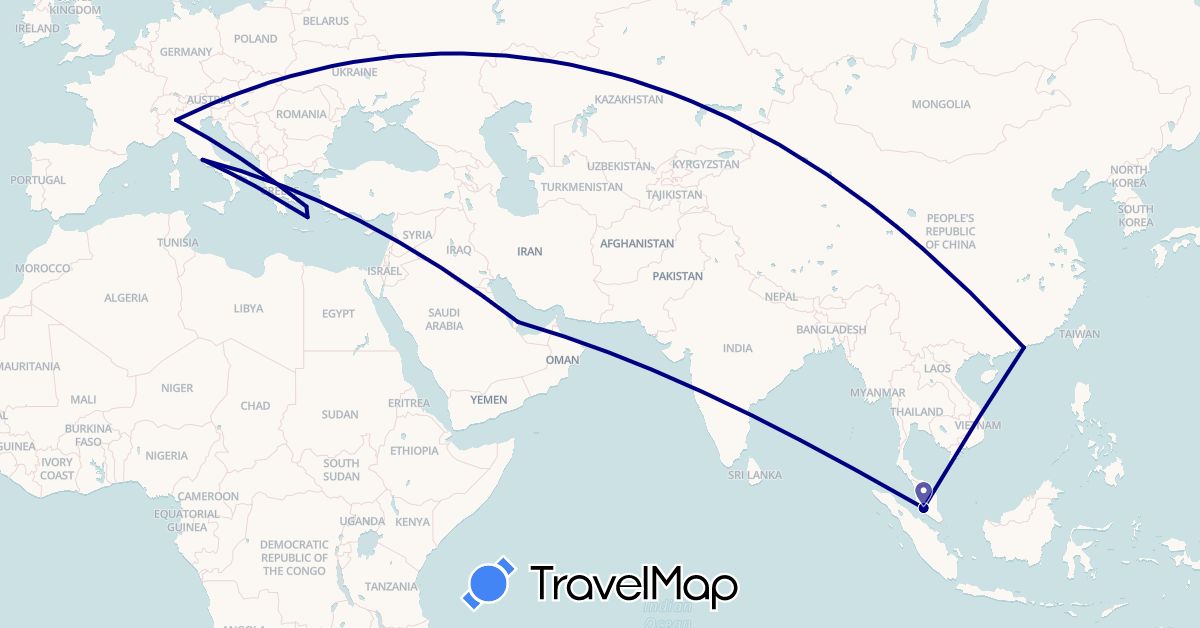 TravelMap itinerary: driving in Greece, Hong Kong, Italy, Malaysia, Qatar, Vatican City (Asia, Europe)